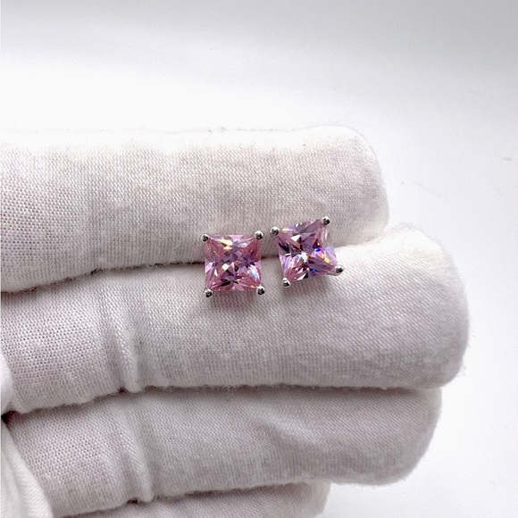 7mm Square Pink Cz .925 Sterling Silver Earrings - Picture 2 of 13